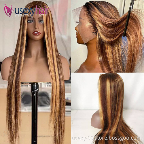 Highlight 1B Honey Brown Color Straight Human Hair Lace Front Wig Virgin Brazilian Hair Highlight Wig Transparent HD Frontal Wig